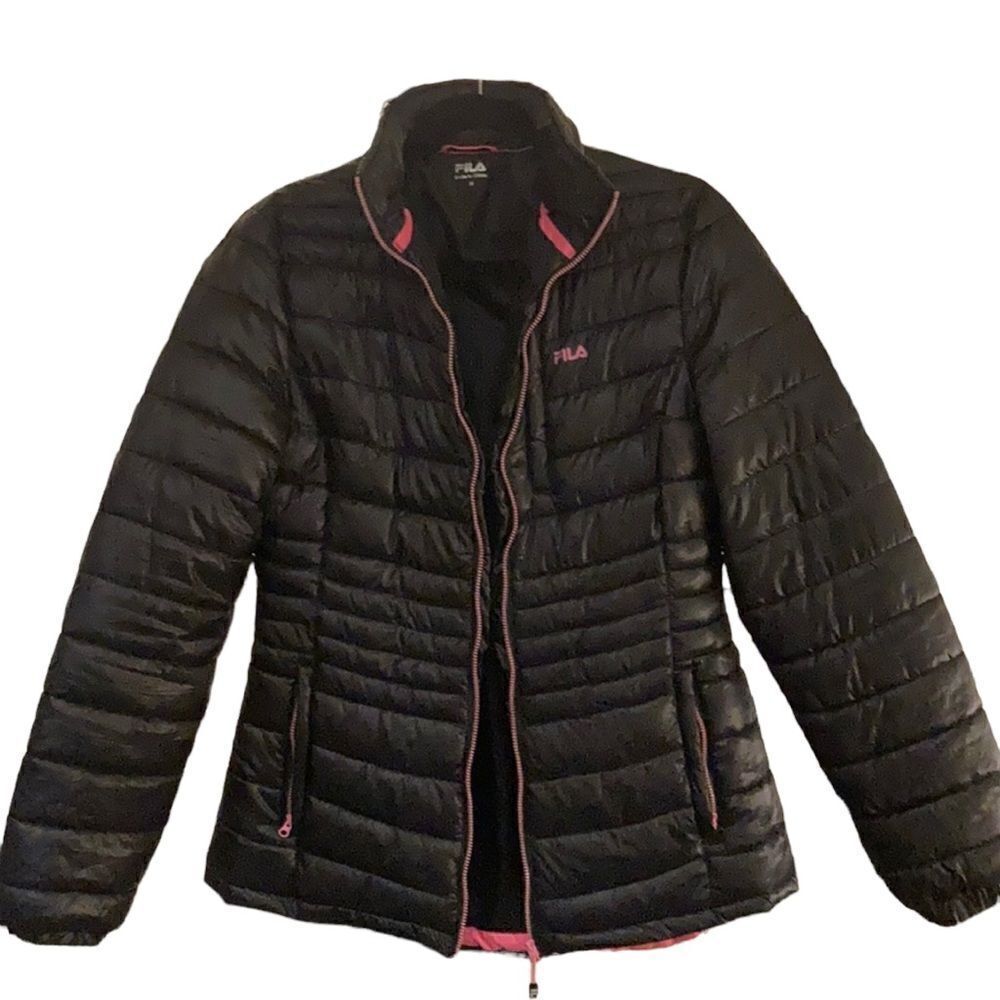 FILA Black Puffer Jacket with Breast Cancer Awareness Pink Ribbon on Sleeve